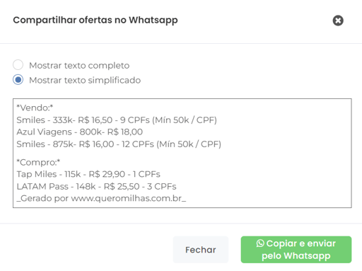 Exemplo de compartilhamento de ofertas